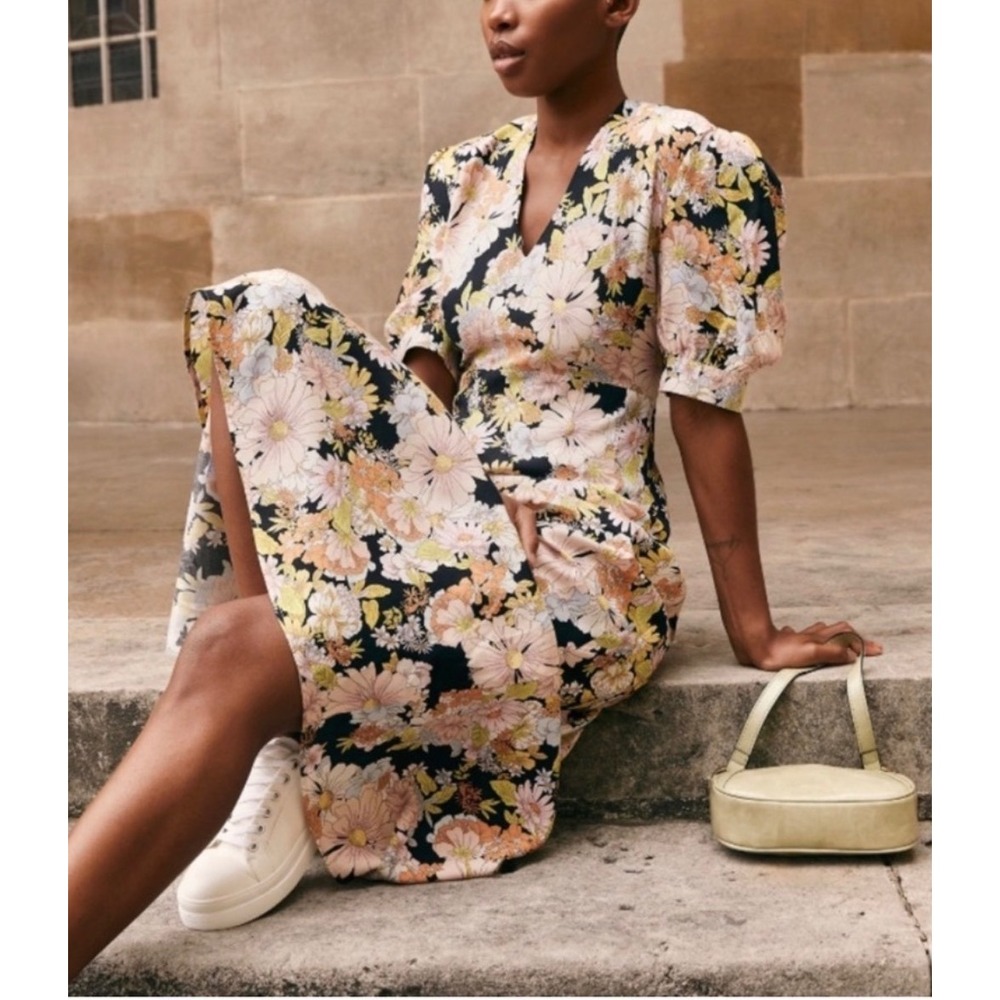 Topshop sz 6 Floral Ribbon Puff Sleeve Slit Midi Dress Retro Cottage Babydoll